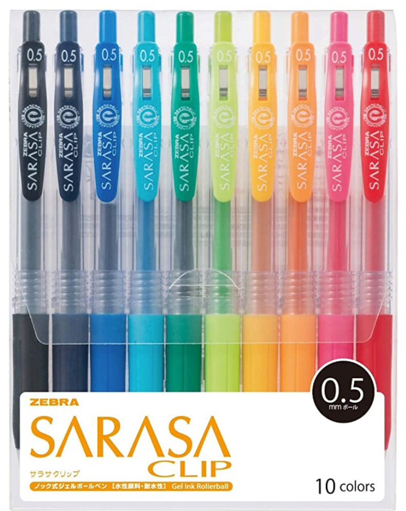 May include: A pack of ten Zebra Sarasa Clip gel ink rollerball pens in various colors, including black, blue, turquoise, green, yellow, orange, red, pink, and purple. The pens are 0.5 mm and have a clear barrel with a black clip.