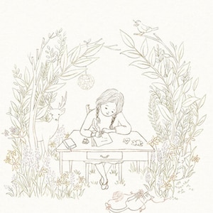 May include: A young girl sits at a small table in a woodland setting, writing with a quill pen. She is surrounded by greenery, including a deer, a bird, and flowers.