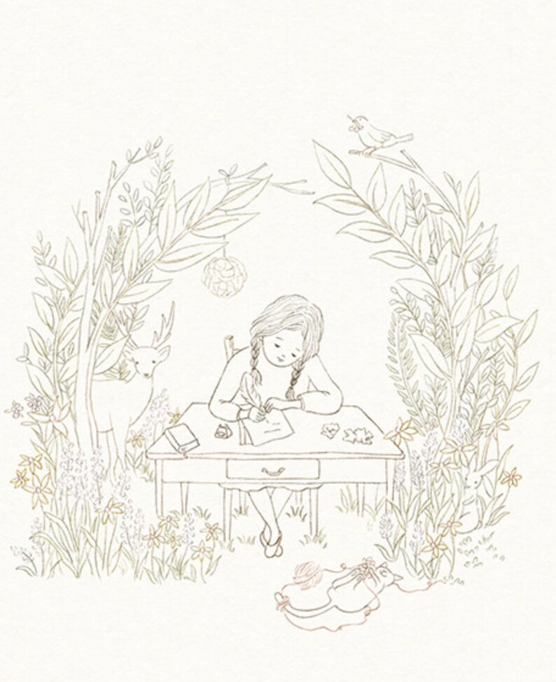 May include: A young girl sits at a small table in a woodland setting, writing with a quill pen. She is surrounded by greenery, including a deer, a bird, and flowers.