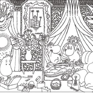 May include: A black and white line drawing of four cartoon characters in a room with a chandelier, a vase of flowers, and a canopy bed. The characters are all sitting or lying down, and they appear to be relaxing.