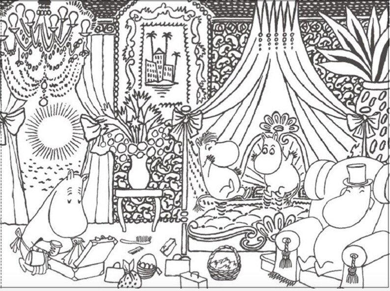 May include: A black and white line drawing of four cartoon characters in a room with a chandelier, a vase of flowers, and a canopy bed. The characters are all sitting or lying down, and they appear to be relaxing.