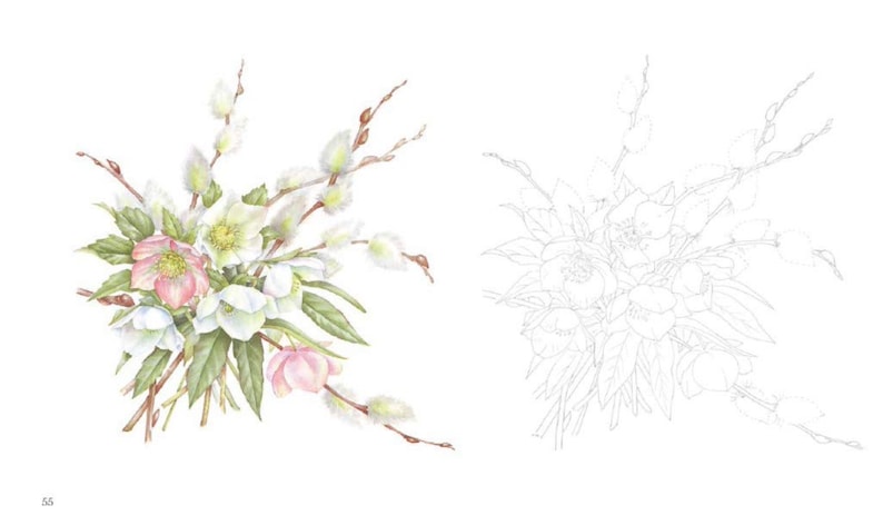 May include: A watercolor painting of a bouquet of white and pink flowers with green leaves and willow branches. The flowers are arranged in a loose, natural style. The painting is done in a realistic style.