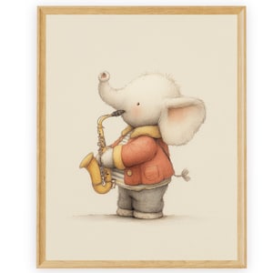 Elephant Musician Saxophonis Wall Art Prints, Nursery Decor, Nursery Prints, Music Wall Art, Printable Art, Retro Wall Art, Playroom decor