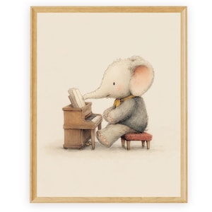 Elephant Musician Pianist Wall Art Prints, Nursery Decor, Nursery Prints, Music Wall Art, Printable Art, Retro Wall Art, Playroom decor