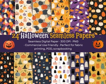 24 vintage Halloween-mönster sömlösa tryck PNG digital nedladdning söta bakgrunder kawaii PNG läskiga spöken pumpa sömlösa mönster papper