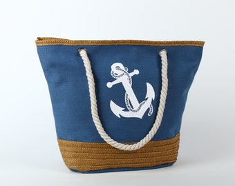 Tote Bag | Cotton & Jute Beach Bag | Women Anchor Beach Bag with Zipper and Rope Handles | Summer Tote bag-Pool Bag | Gift