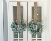 Set of 2 Mini Lambs Ear Wreaths, Every Day Wreath, Farmhouse Kitchen Cabinet Wreath, Indoor Greenery, Burlap Wreath, Farmhouse Mini Wreath