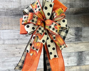 Fall Lantern Bow, Pumpkin Bow, Autumn Bow, Fall Wreath, Halloween Bow, Polka Dot Bow,Harvest Bow, Farmhouse Bow, Burlap,Wreath Embellishment