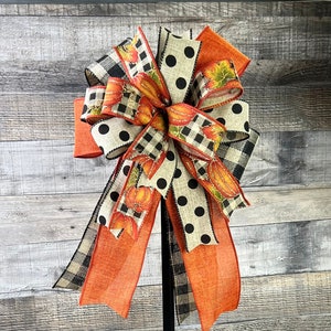 Fall Lantern Bow, Pumpkin Bow, Autumn Bow, Fall Wreath, Halloween Bow, Polka Dot Bow,Harvest Bow, Farmhouse Bow, Burlap,Wreath Embellishment