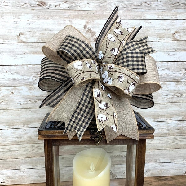 Fall Lantern Bow, Autumn Bow, Fall Wreath Bow, Cotton Boll Bow, Farmhouse Bow, Buffalo Check Bow, Every day Bow,Thanksgiving Bow,Gingham Bow