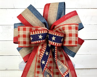 Patriotic Bow,  USA bow, 4th of July Bow, Farmhouse bow, USA Wreath Bow, Memorial Day Bow, July 4th Decoration, Independence Day Bow