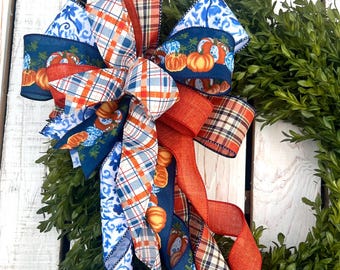 Fall Lantern Bow: Navy Blue, Orange Pumpkin Wreath Accent