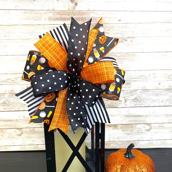 Halloween Lantern Bow, Fall Lantern Bow, Orange and Black Bow, Polka Dot Bow, Halloween Wreath Bow, Candy Corn, Halloween Decoration,