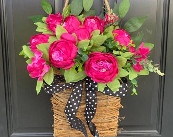 Front door basket, Pink Peony Wreath, Farmhouse Wreath, Front Door Wreath, Summer Wreath, Pink Flower Basket Polka Dot Wreath, Everyday