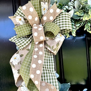 Magnolia Lantern Bow, Front Door Wreath, Poka Dot Bow, Farmhouse Wreath, Farmhouse Bow, Summer Bow, Green Bow, Wreath Embellishment, Summer