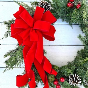 Red Christmas Wreath Bow, Red Velvet Bow, Holiday Wreath, Lantern Bow, Christmas Decoration, Large Red Bow, Holiday Bow,Wreath Embellishment