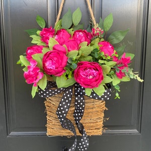 Front door basket, Pink Peony Wreath, Farmhouse Wreath, Front Door Wreath, Summer Wreath, Pink Flower Basket Polka Dot Wreath, Everyday image 1