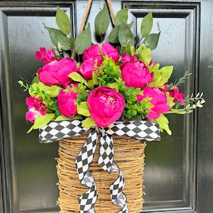 Front door basket, Pink Peony Wreath, Farmhouse Wreath, Front Door Wreath, Summer Wreath, Pink Flower Basket Polka Dot Wreath, Everyday