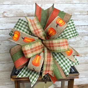 Fall Lantern Bow, Pumpkin Lantern Bow, Autumn Bow, Gingham Bow, Halloween Bow, Harvest Bow, Farmhouse, Yellow Burlap Bow, Striped Bow