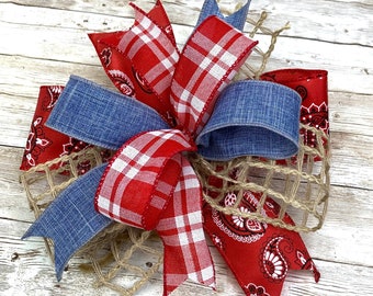 Summer Bow, Farmhouse Bow, Denim Bow, Red Bow, Burlap Bow, Farmhouse Wreath, Barnyard Bow, Wreath Embellishment, Lantern Bow, Indoor Bow