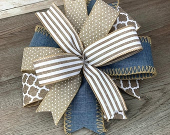 Farmhouse lantern bow, Burlap bow, Denim bow, Polka Dot bow, Every Day Bow, Wreath Bow, Spring Bow, Summer Bow, Farmhouse Decoration, Blue