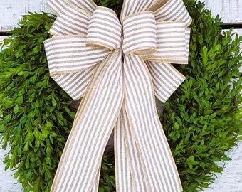 Striped Wreath Bow: Beige and White Farmhouse Decor