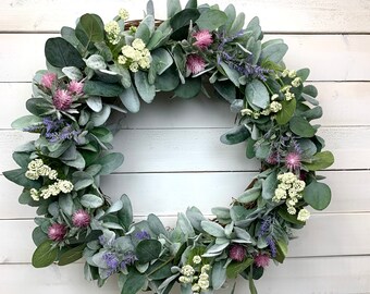 Lambs Ear Eucalyptus Wreath, Front Door Wreath,Farmhouse Wreath, Lavender Wreath, Flower Wreath,Pink flower,Lavender wreath,Every day wreath