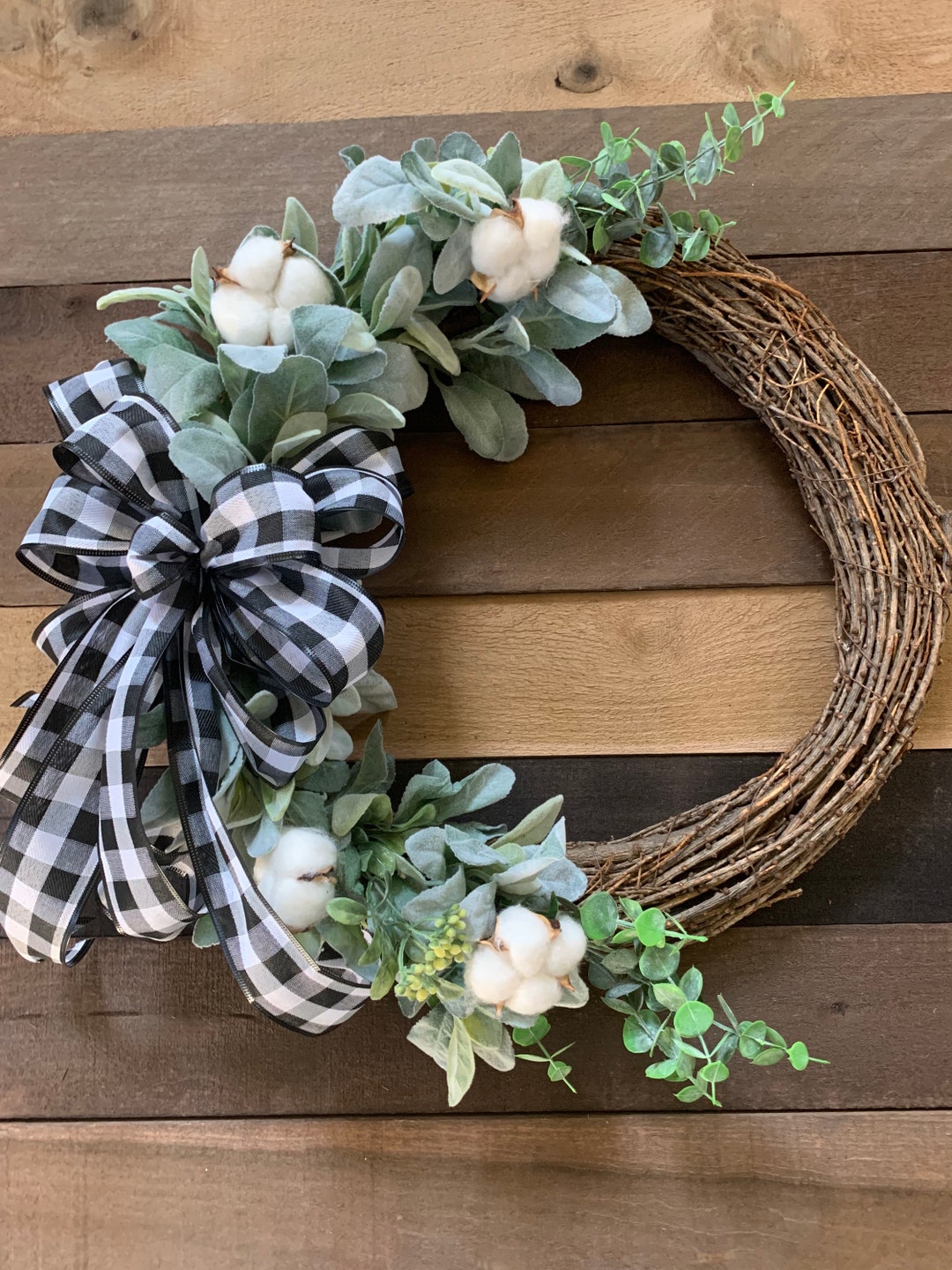 Farmhouse Cotton Wreath, Lambs Ear Front Door Wreath, Cotton Boll ...