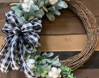 Farmhouse Cotton Wreath, Lambs Ear Front Door Wreath, Cotton Boll Wreath, Every day Wreath, Summer Wreath, Fall Wreath, Farmhouse Decoration