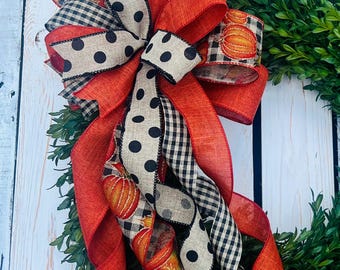 Fall Burlap Lantern Bow: Pumpkin, Polka Dot, Farmhouse Wreath Embellishment