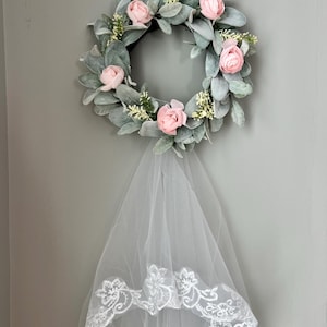 Lambs Ear Bridal Wreath: Faux Rose & Baby&#39;s Breath, Lace Veil