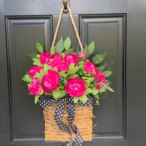 Front door basket, Pink Peony Wreath, Farmhouse Wreath, Front Door Wreath, Summer Wreath, Pink Flower Basket Polka Dot Wreath, Everyday image 10