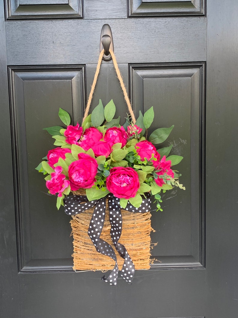 Front door basket, Pink Peony Wreath, Farmhouse Wreath, Front Door Wreath, Summer Wreath, Pink Flower Basket Polka Dot Wreath, Everyday image 10