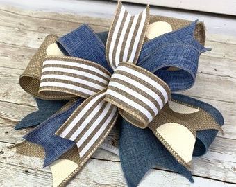 Farmhouse lantern bow, Burlap bow, Denim bow, Polka Dot bow, Every Day Bow, Wreath Bow, Spring Bow, Summer Bow, Farmhouse Decoration, Blue