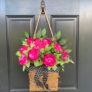 Front door basket, Pink Peony Wreath, Farmhouse Wreath, Front Door Wreath, Summer Wreath, Pink Flower Basket Polka Dot Wreath, Everyday image 8