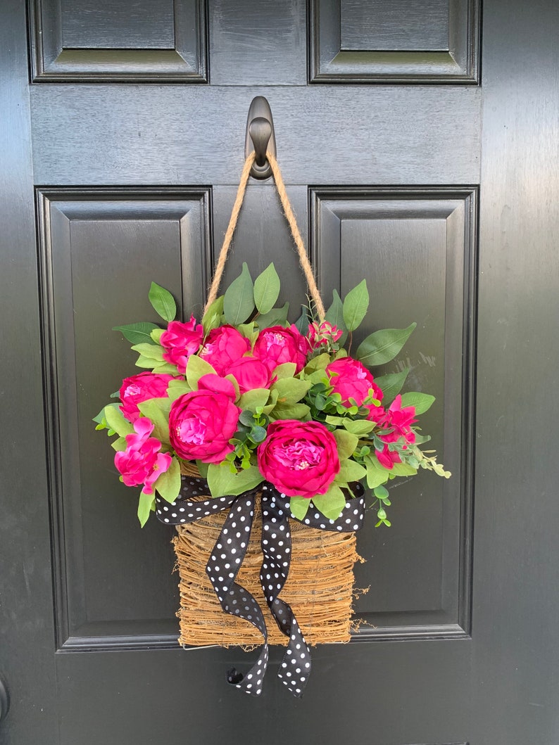 Front door basket, Pink Peony Wreath, Farmhouse Wreath, Front Door Wreath, Summer Wreath, Pink Flower Basket Polka Dot Wreath, Everyday image 8