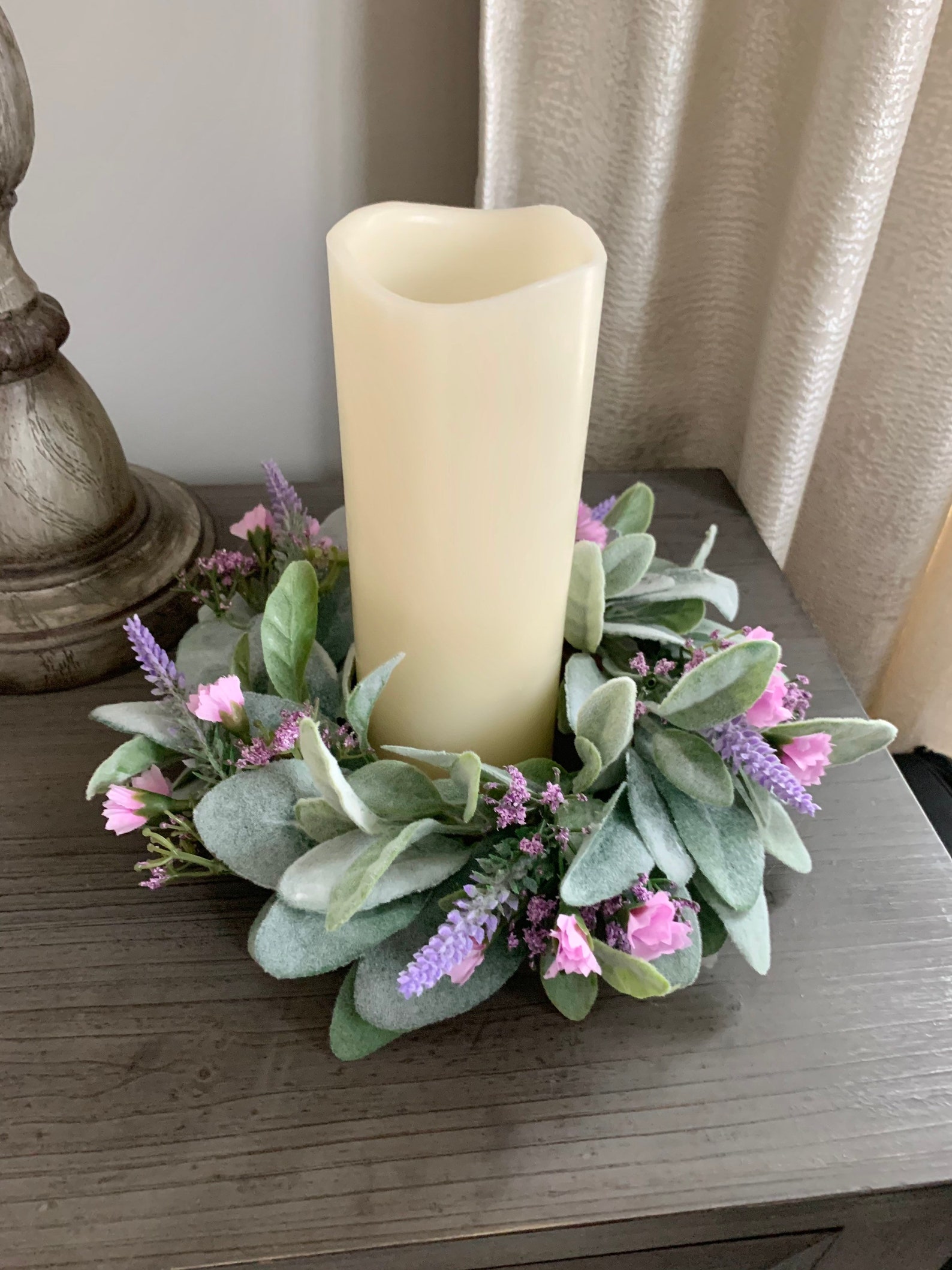 Small Lambs Ear Wreath Candle Lambs Ear Ring Lavender Etsy