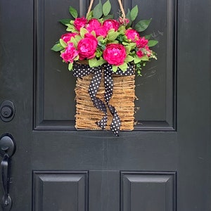 Front door basket, Pink Peony Wreath, Farmhouse Wreath, Front Door Wreath, Summer Wreath, Pink Flower Basket Polka Dot Wreath, Everyday image 5