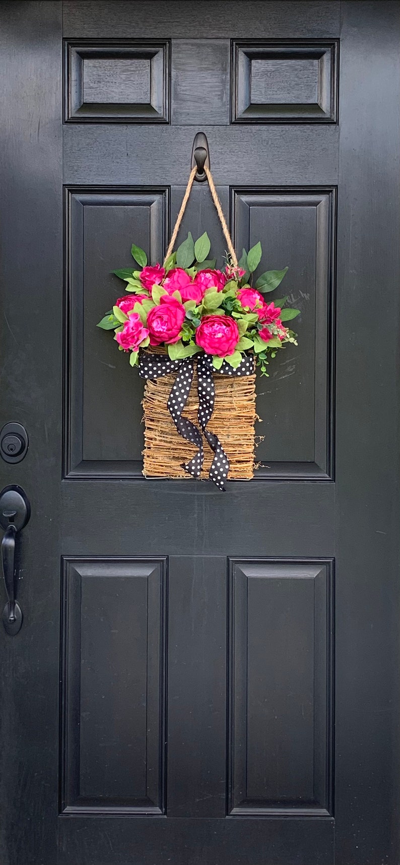 Front door basket, Pink Peony Wreath, Farmhouse Wreath, Front Door Wreath, Summer Wreath, Pink Flower Basket Polka Dot Wreath, Everyday image 5