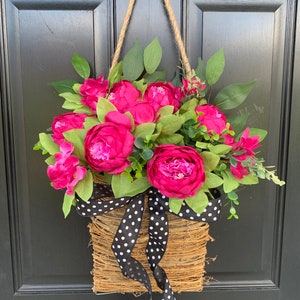 Front door basket, Pink Peony Wreath, Farmhouse Wreath, Front Door Wreath, Summer Wreath, Pink Flower Basket Polka Dot Wreath, Everyday image 3