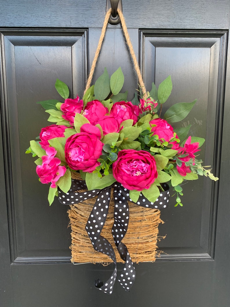 Front door basket, Pink Peony Wreath, Farmhouse Wreath, Front Door Wreath, Summer Wreath, Pink Flower Basket Polka Dot Wreath, Everyday image 3