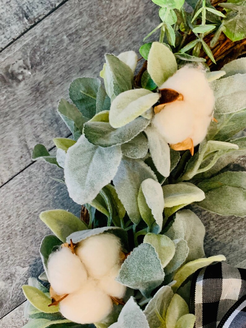 Farmhouse Cotton Wreath, Lambs Ear Front Door Wreath, Cotton Boll ...