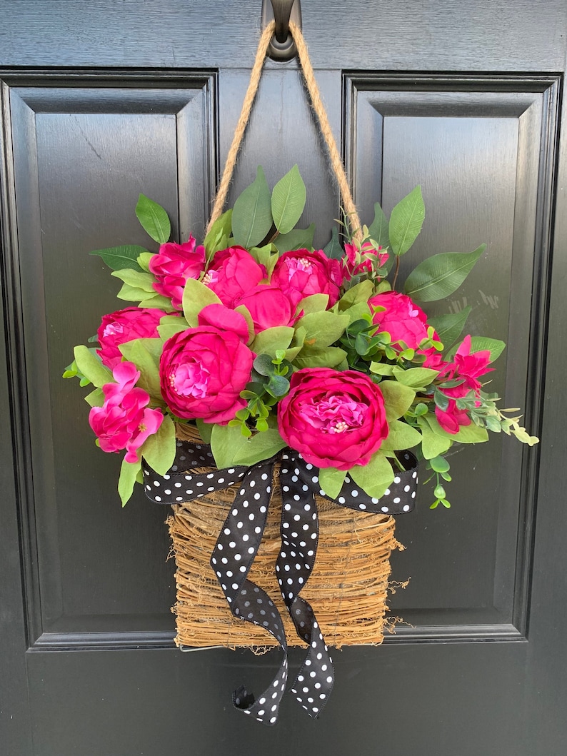 Front door basket, Pink Peony Wreath, Farmhouse Wreath, Front Door Wreath, Summer Wreath, Pink Flower Basket Polka Dot Wreath, Everyday image 1