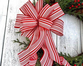 Christmas Wreath Bow, Red and White Stripe bow, Holiday Bow, Front Door Wreath, Winter Bow, Holiday Bow, Lantern Bow, Wreath Bow, Red