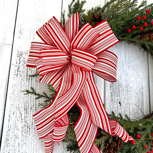 Christmas Wreath Bow, Red and White Stripe bow, Holiday Bow, Front Door Wreath, Winter Bow, Holiday Bow, Lantern Bow, Wreath Bow, Red