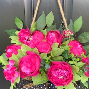 Front door basket, Pink Peony Wreath, Farmhouse Wreath, Front Door Wreath, Summer Wreath, Pink Flower Basket Polka Dot Wreath, Everyday image 4