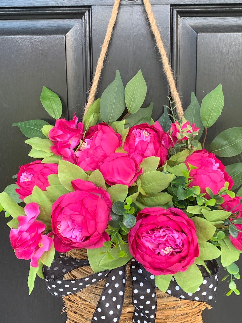 Front door basket, Pink Peony Wreath, Farmhouse Wreath, Front Door Wreath, Summer Wreath, Pink Flower Basket Polka Dot Wreath, Everyday image 4