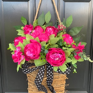 Front door basket, Pink Peony Wreath, Farmhouse Wreath, Front Door Wreath, Summer Wreath, Pink Flower Basket Polka Dot Wreath, Everyday image 7
