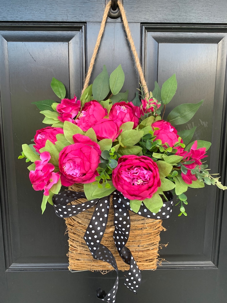 Front door basket, Pink Peony Wreath, Farmhouse Wreath, Front Door Wreath, Summer Wreath, Pink Flower Basket Polka Dot Wreath, Everyday image 7