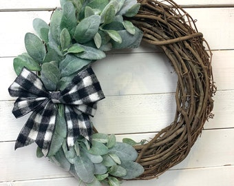 Lambs Ear Wreath, Farmhouse Lambs Ear Wreath, Buffalo Check Wreath, Rustic Lambs Ear Wreath, Indoor wreath, Buffalo Plaid Wreath